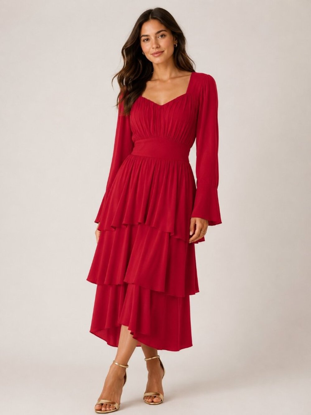 Belle Pogue Red Tiered Long Sleeve Dress